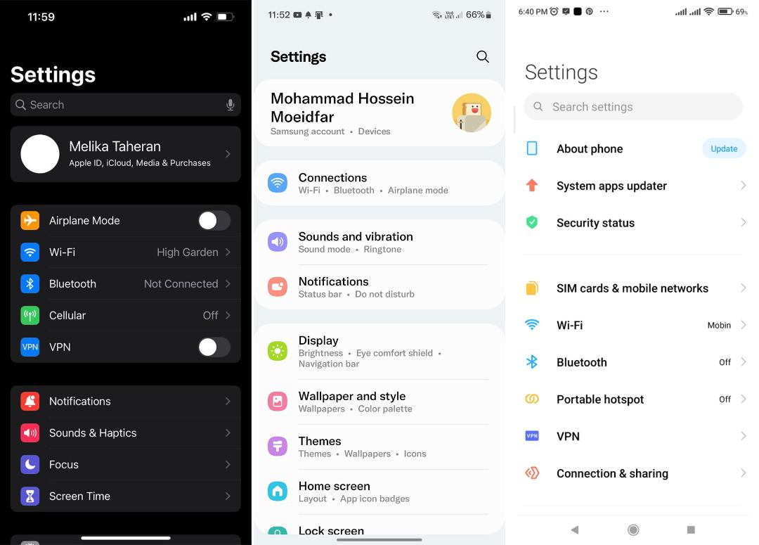 تفاوت منوی تنظیمات در رابط کاربری One UI، MIUI و iOS