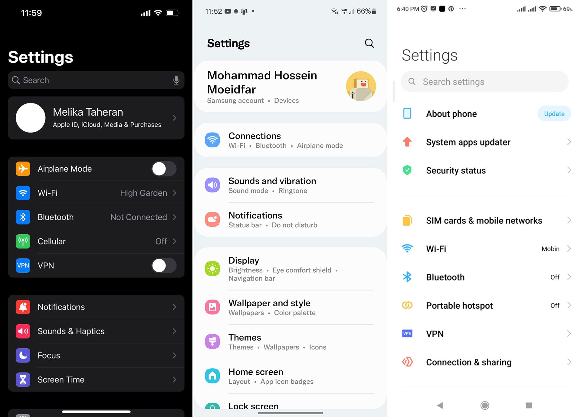 تفاوت منوی تنظیمات در رابط کاربری One UI، MIUI و iOS