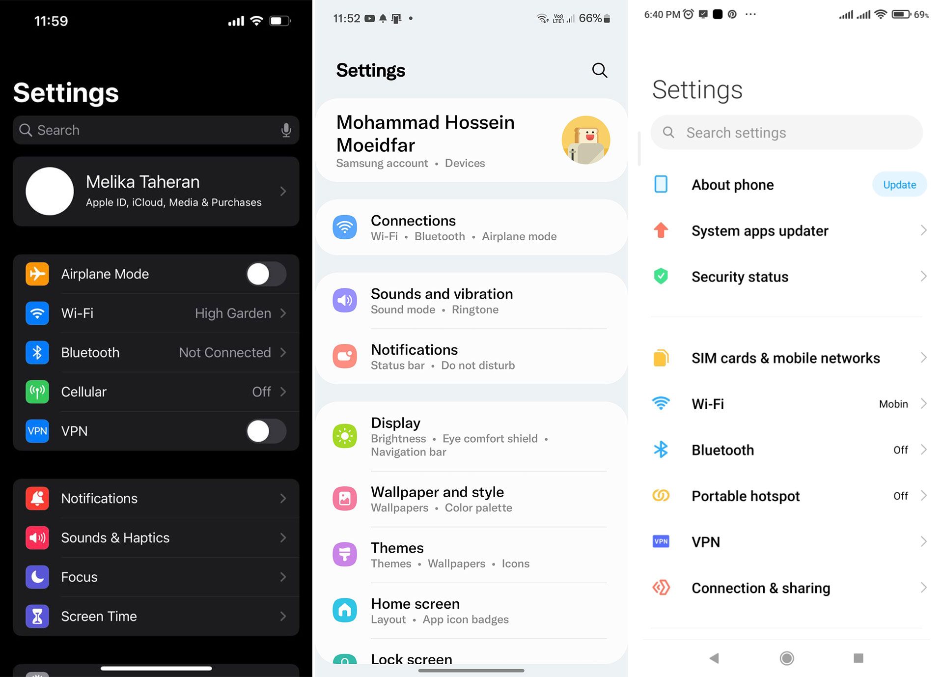 تفاوت منوی تنظیمات در رابط کاربری One UI، MIUI و iOS