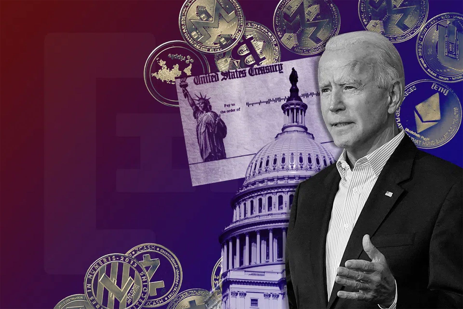 جو بایدن در مقابل تصویری از کاخ سفید و بیت کوین