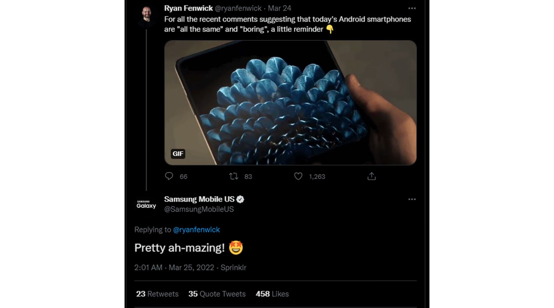 منشن سامسونگ زیر توییت اوپو فایند N در توییتر