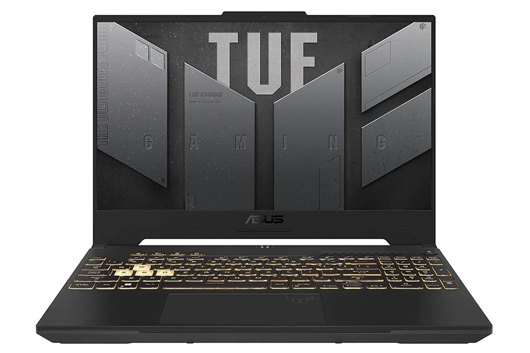 نمای جلو لپ تاپ ایسوس TUF Gaming F15 FX507ZE با صفحه نمایش روشن و نمایش کیبورد و ترک‌پد