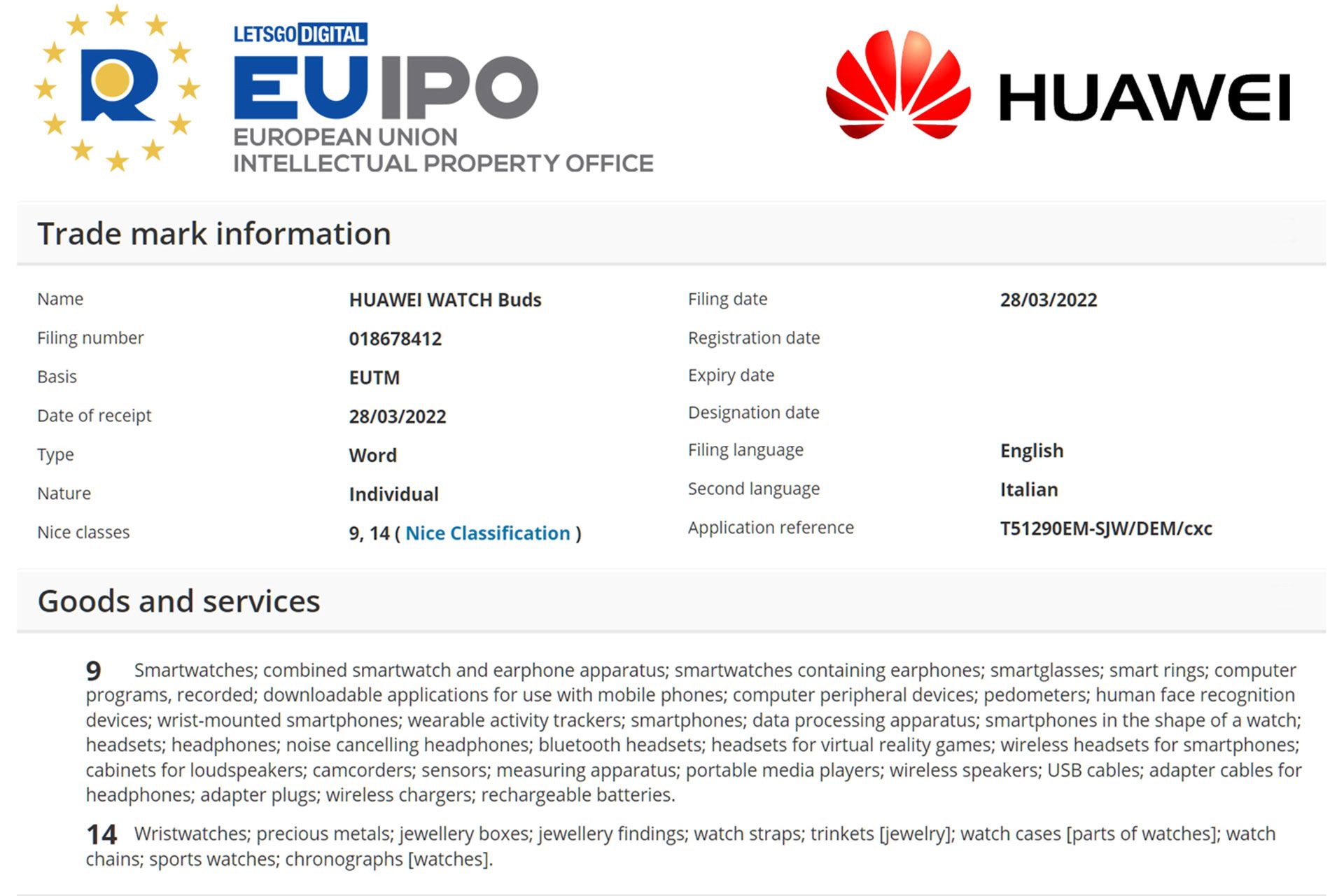 طبقه بندی ۹ و ۱۴ مالکیت معنوی اتحادیه اروپا (EUIPO) 