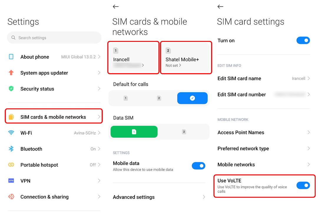 گزینه‌ی VoLTE در رابط کاربری MIUI