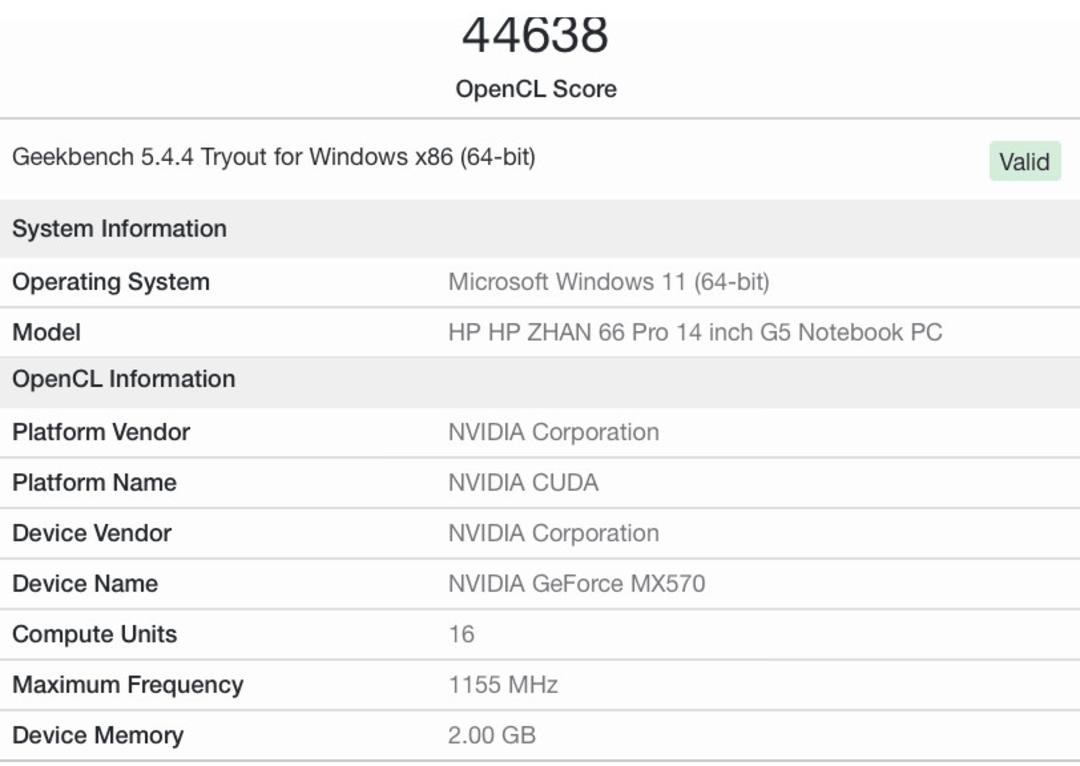 امتیاز OpenCL پردازنده گرافیکی Nvidia MX570