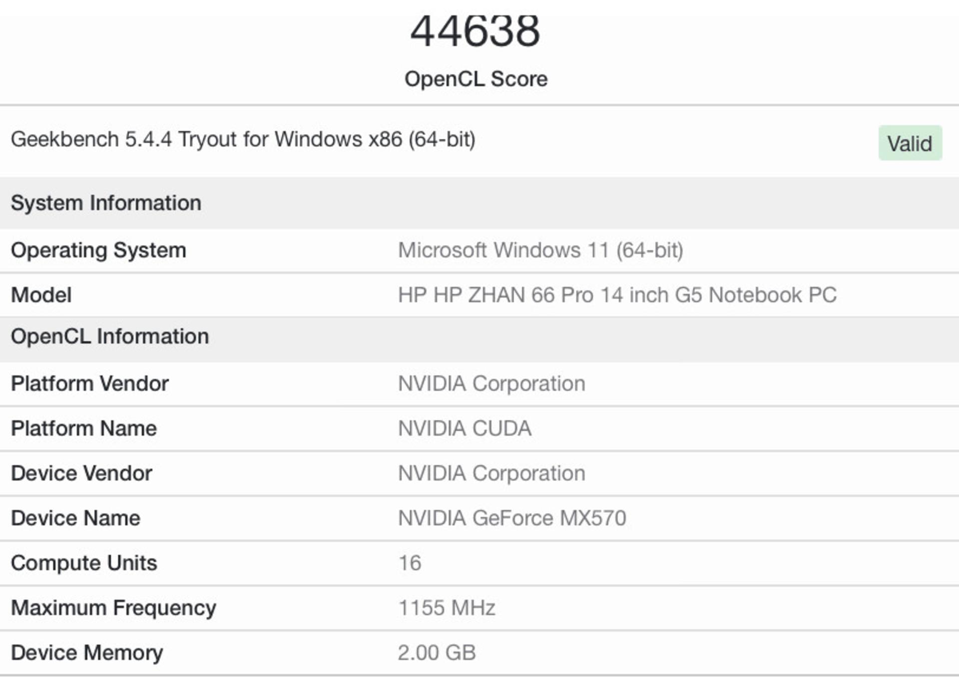 امتیاز OpenCL پردازنده گرافیکی Nvidia MX570