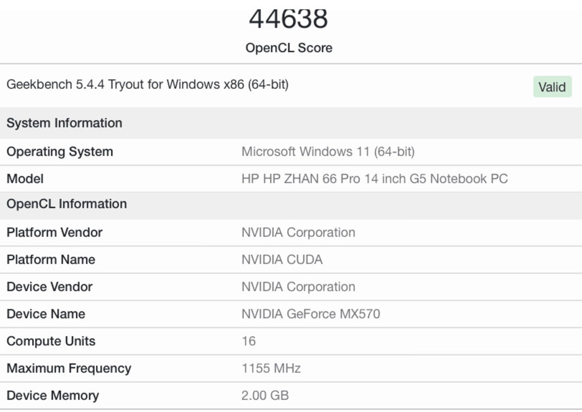 امتیاز OpenCL پردازنده گرافیکی Nvidia MX570