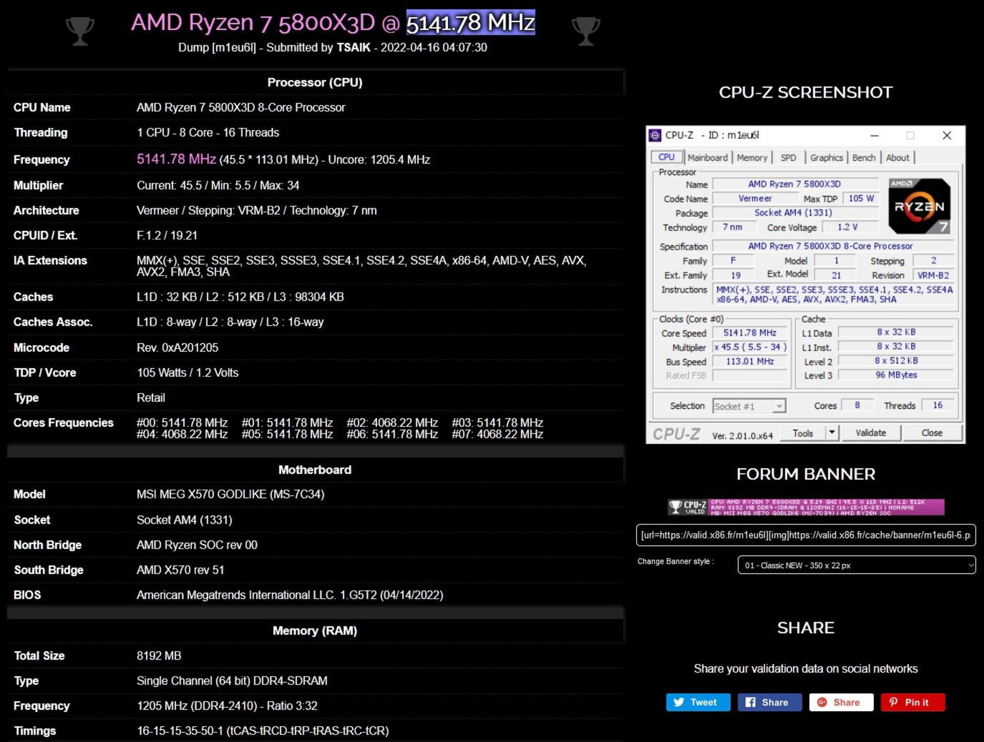 آمار عملکرد Ryzen 7 5800X3D در CPU-Z