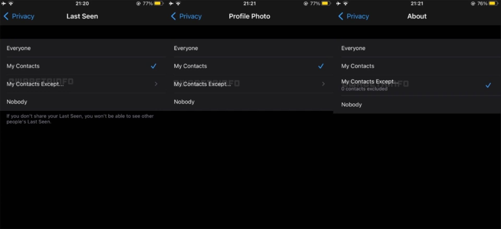 اسکرین شات تنظیمات Last Seen واتساپ