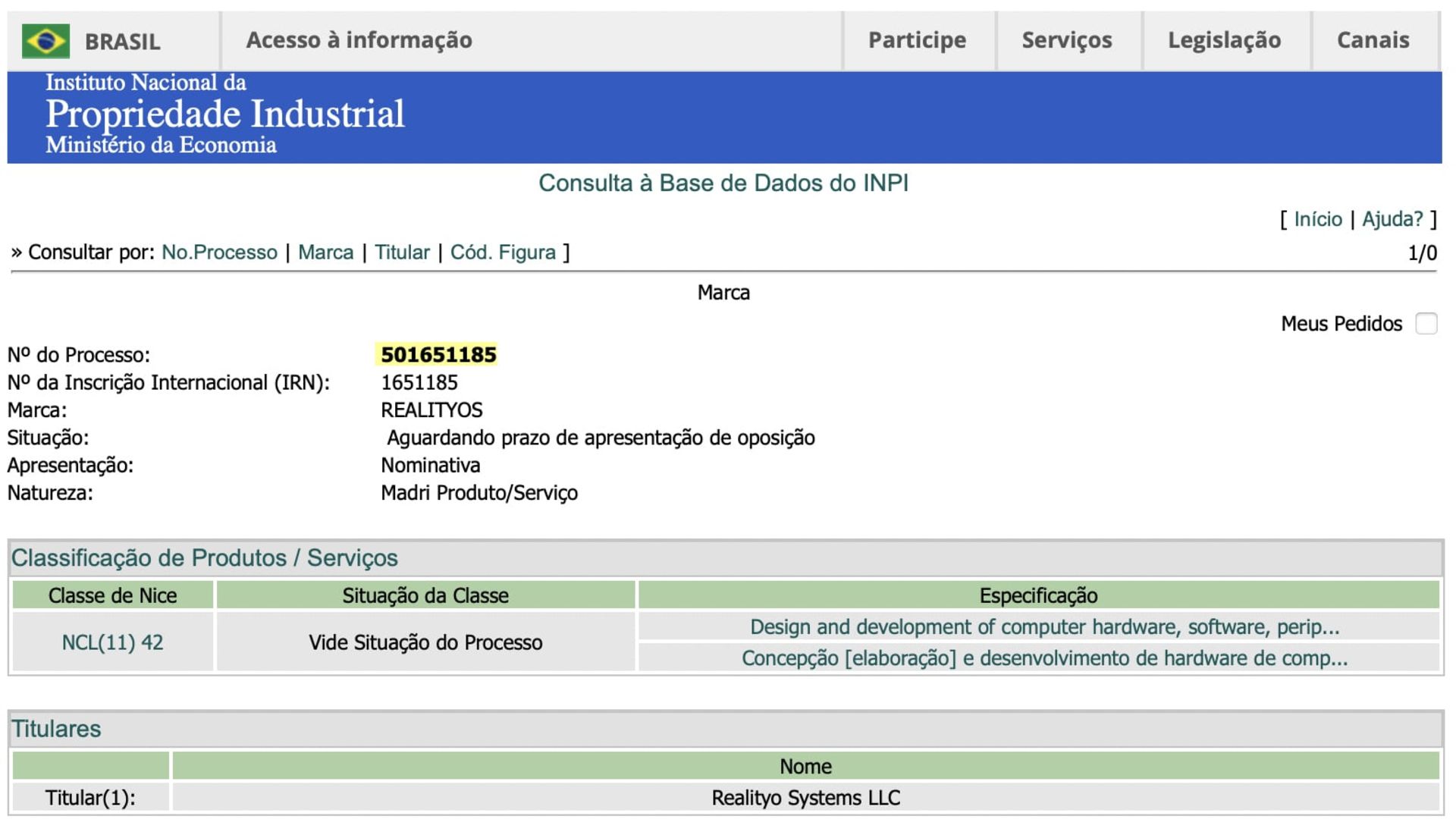نشان تجاری ثبت‌شده RealityOS در کشور برزیل