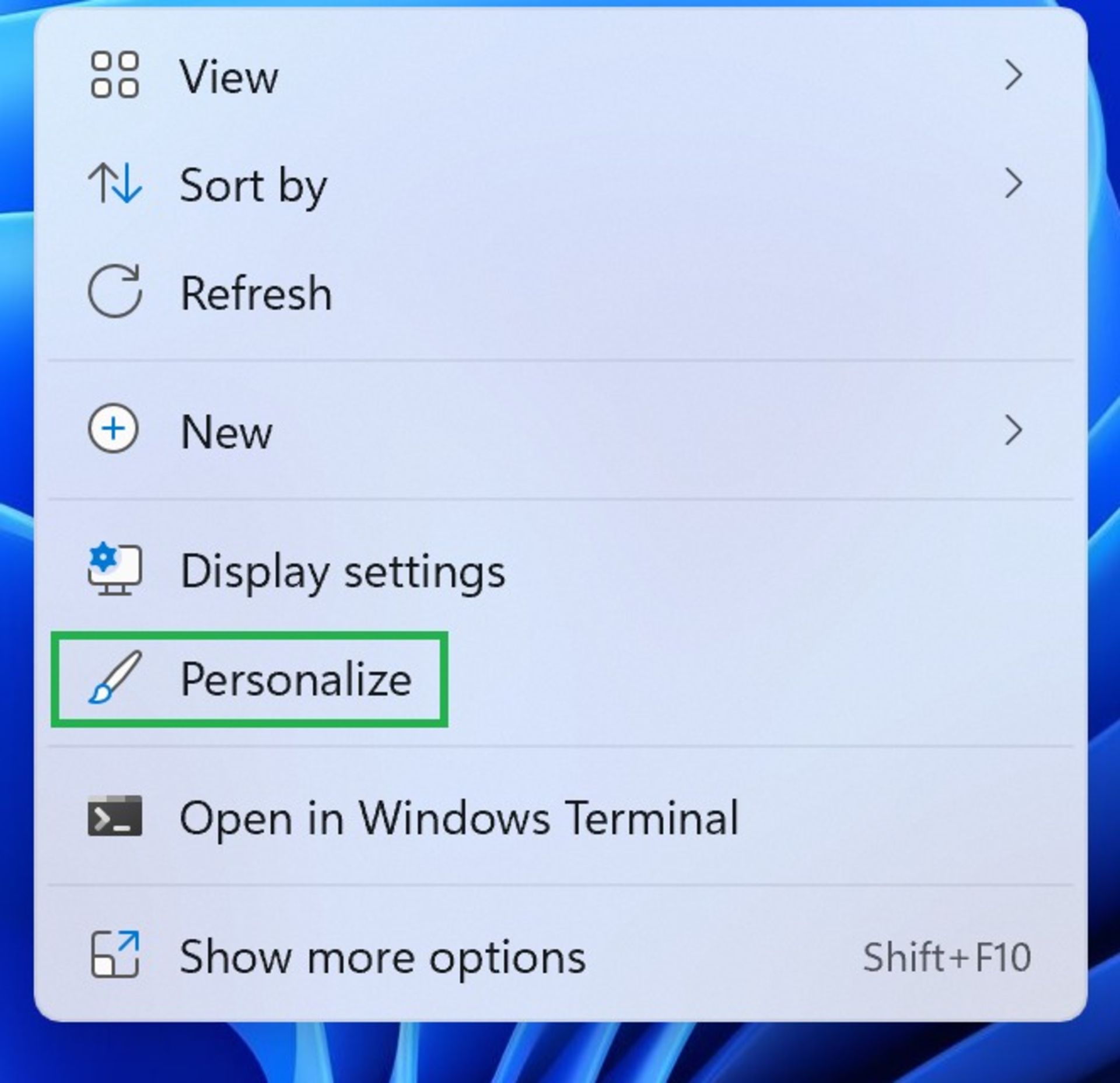 انتخاب گزینه‌ی personalize در منوی تنظیمات برای نصب فونت جدید در ویندوز ۱۱