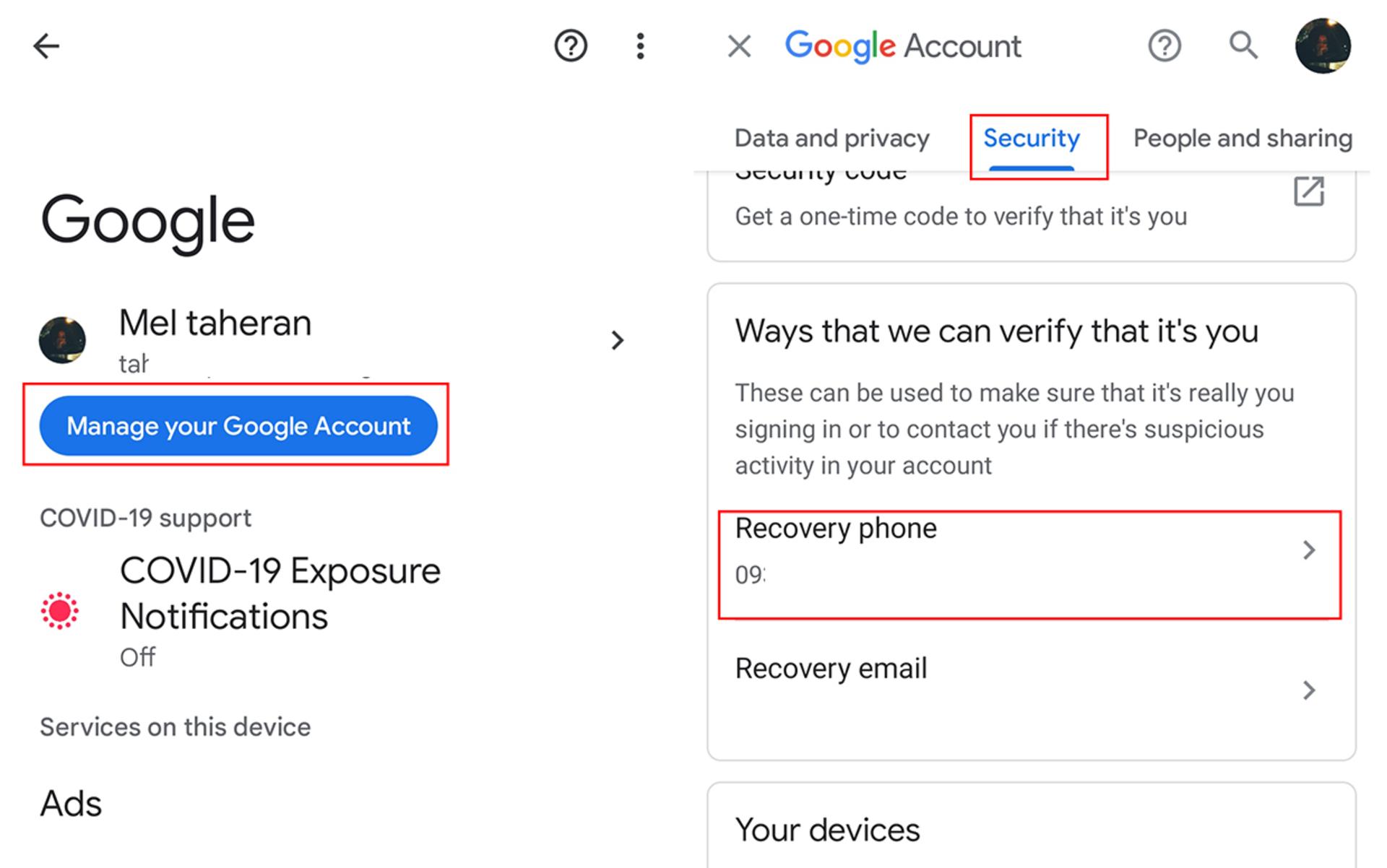 تغییر شماره Recovery phone اکانت گوکل