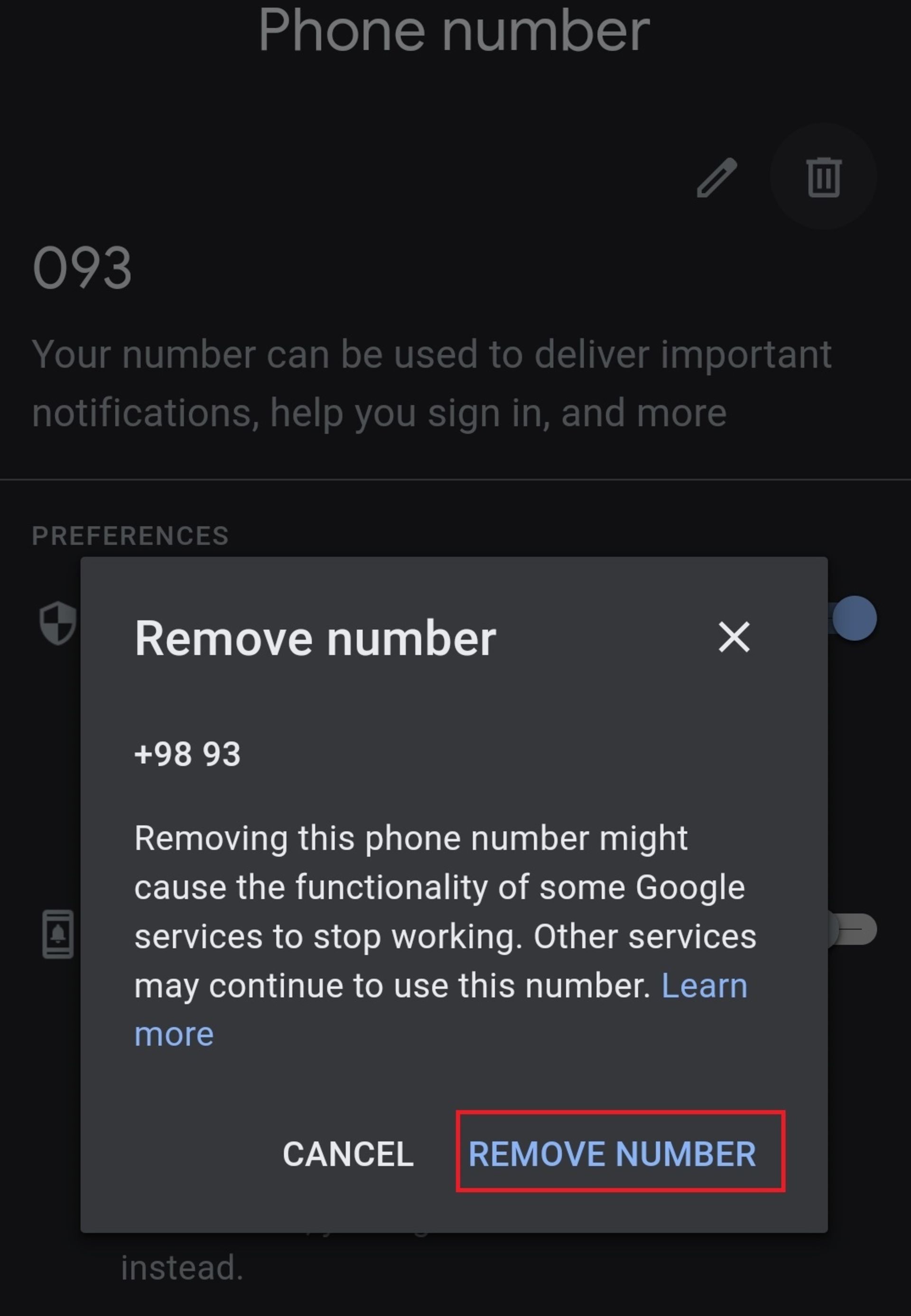  حذف تلفن در جیمیل در اندروید