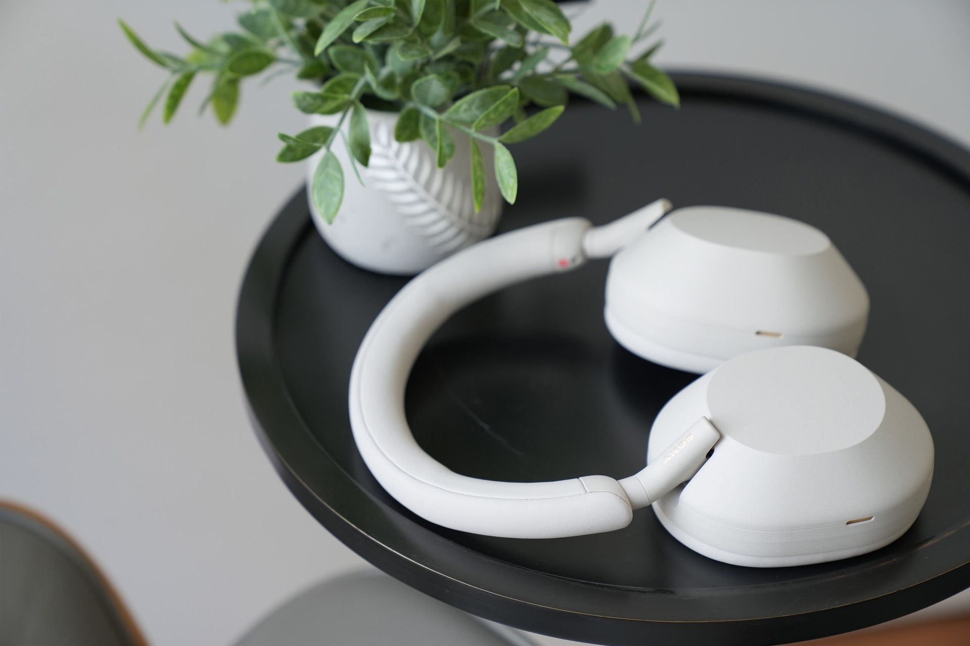 هدفون سونی WH-1000XM5 سفید در کنار گلدان