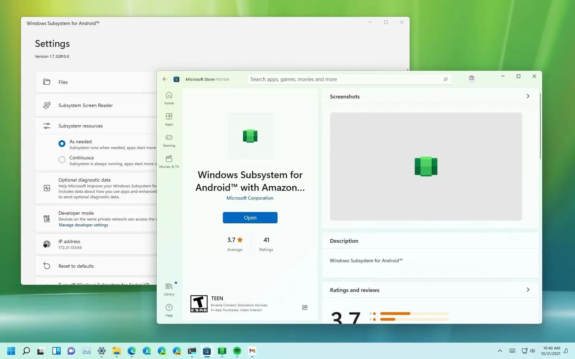 صفحه Windows Subsystem for Android در فروشگاه ویندوز ۱۱