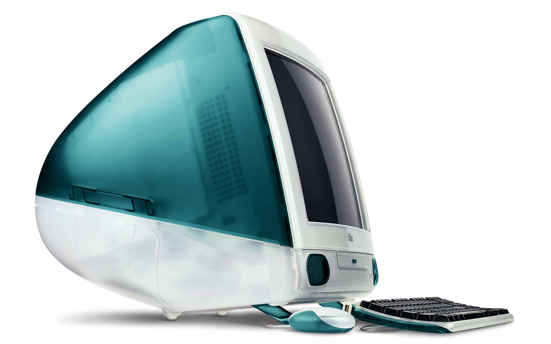 آی‌مک G3 از نمای کناری با کیبورد و ماوس