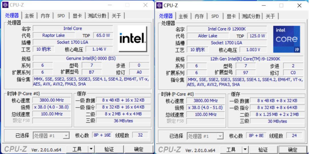 مقایسه پردازنده Intel Raptor Lake نسل سیزدهمی با Alder Lake در CPU-Z
