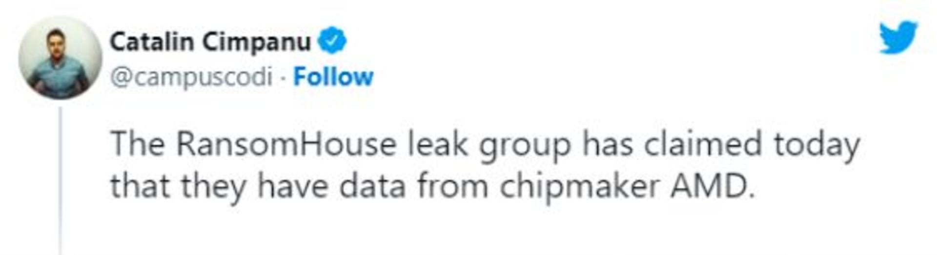 توییت خبر هک AMD توسط RansomHouse