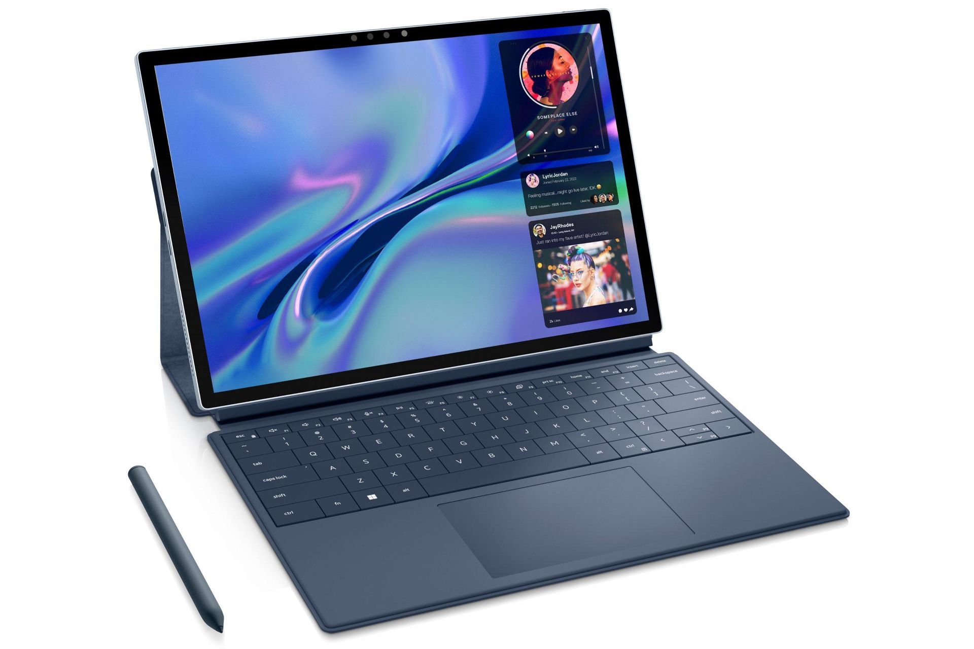 رندر مطبوعاتی فاش شده Dell XPS 13 2022 از نمای جلو با قلم و کیس