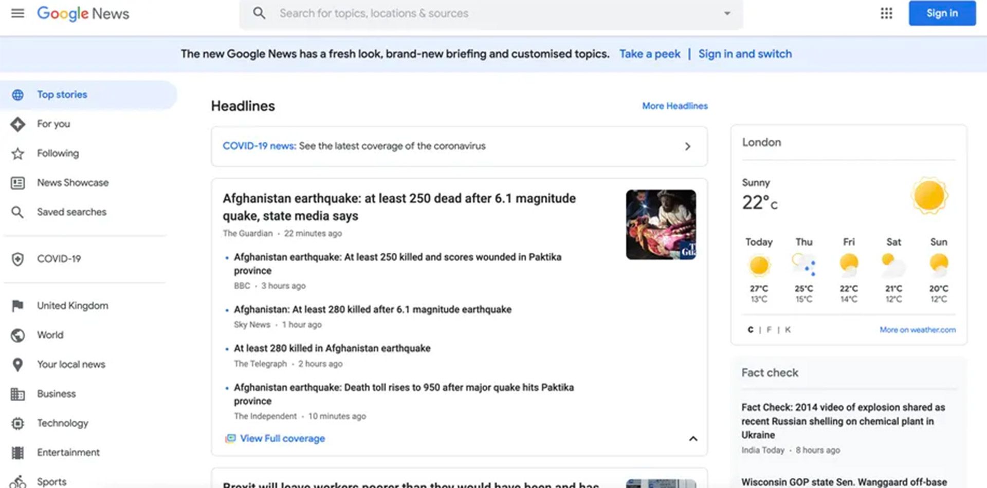 اسکرین شات صفحه Google News با طراحی جدید