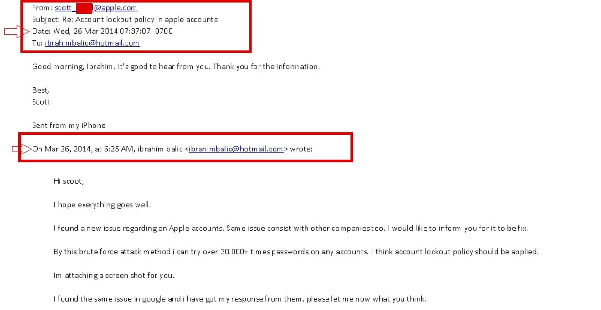 ایمیل Ibrahim Balic به پشتیبانی اپل و توضیح درباره رخنه امنیتی iCloud