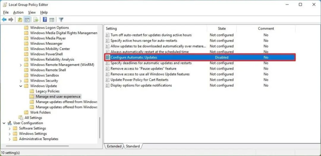 ۱- غیرفعال کردن آپدیت خودکار از طریق Group Policy