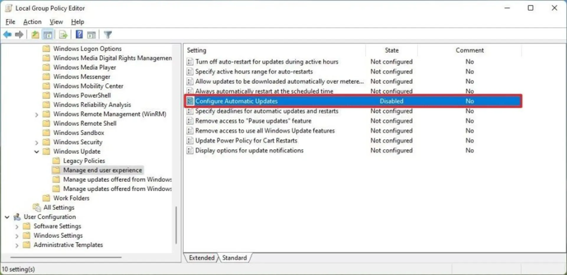 ۱- غیرفعال کردن آپدیت خودکار از طریق Group Policy
