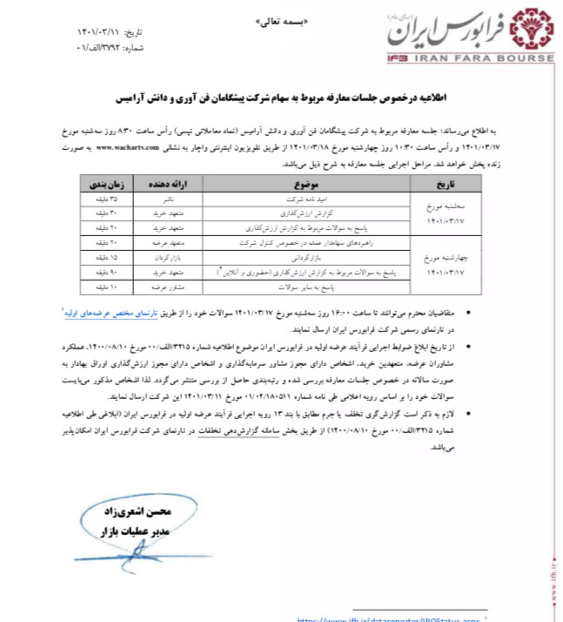 نامه فرابورس برای جلسه معارفه سهام تپسی