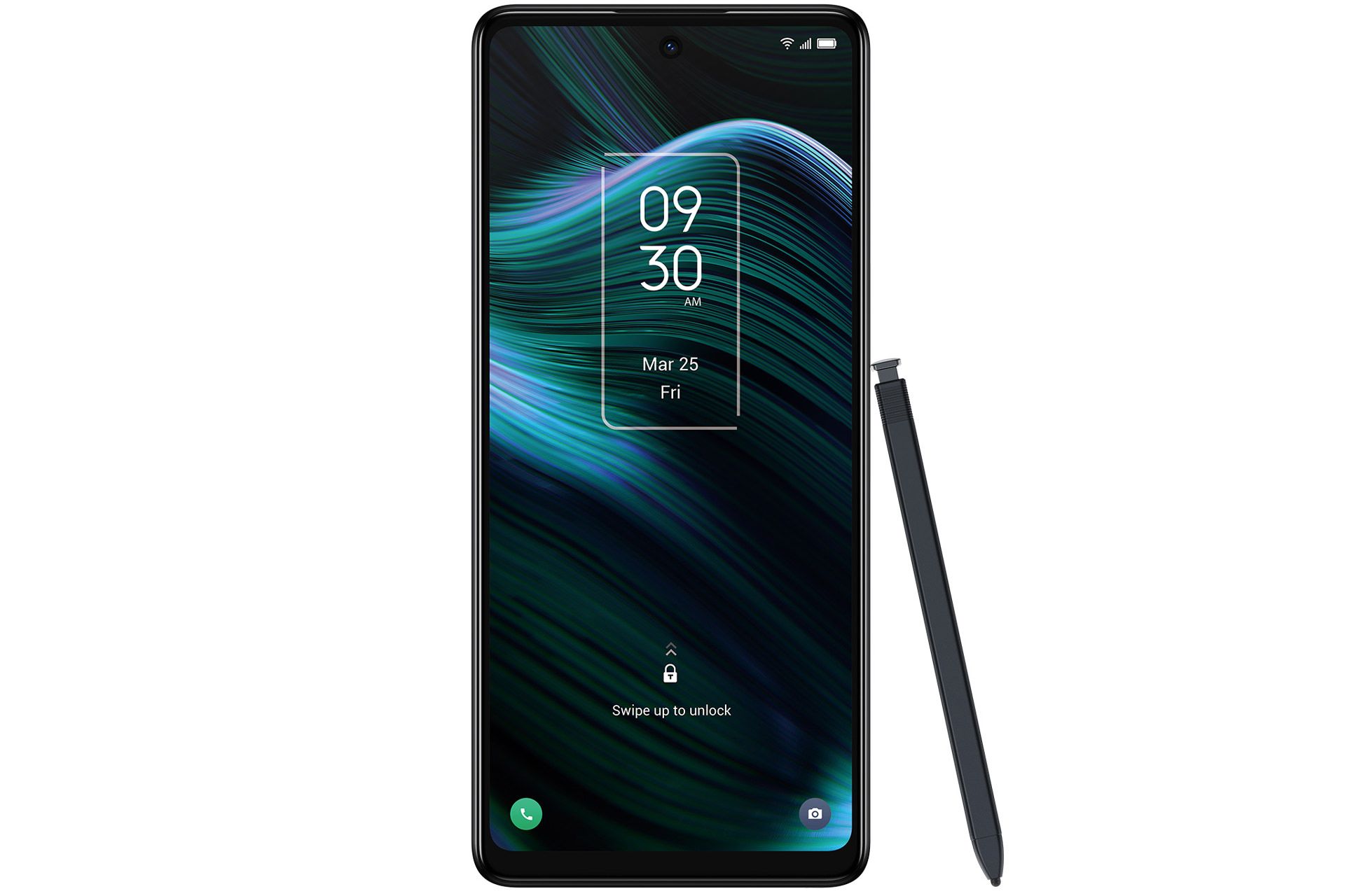 نمای جلو گوشی TCL Stylus 5G در کنار قلم لمسی استایلوس