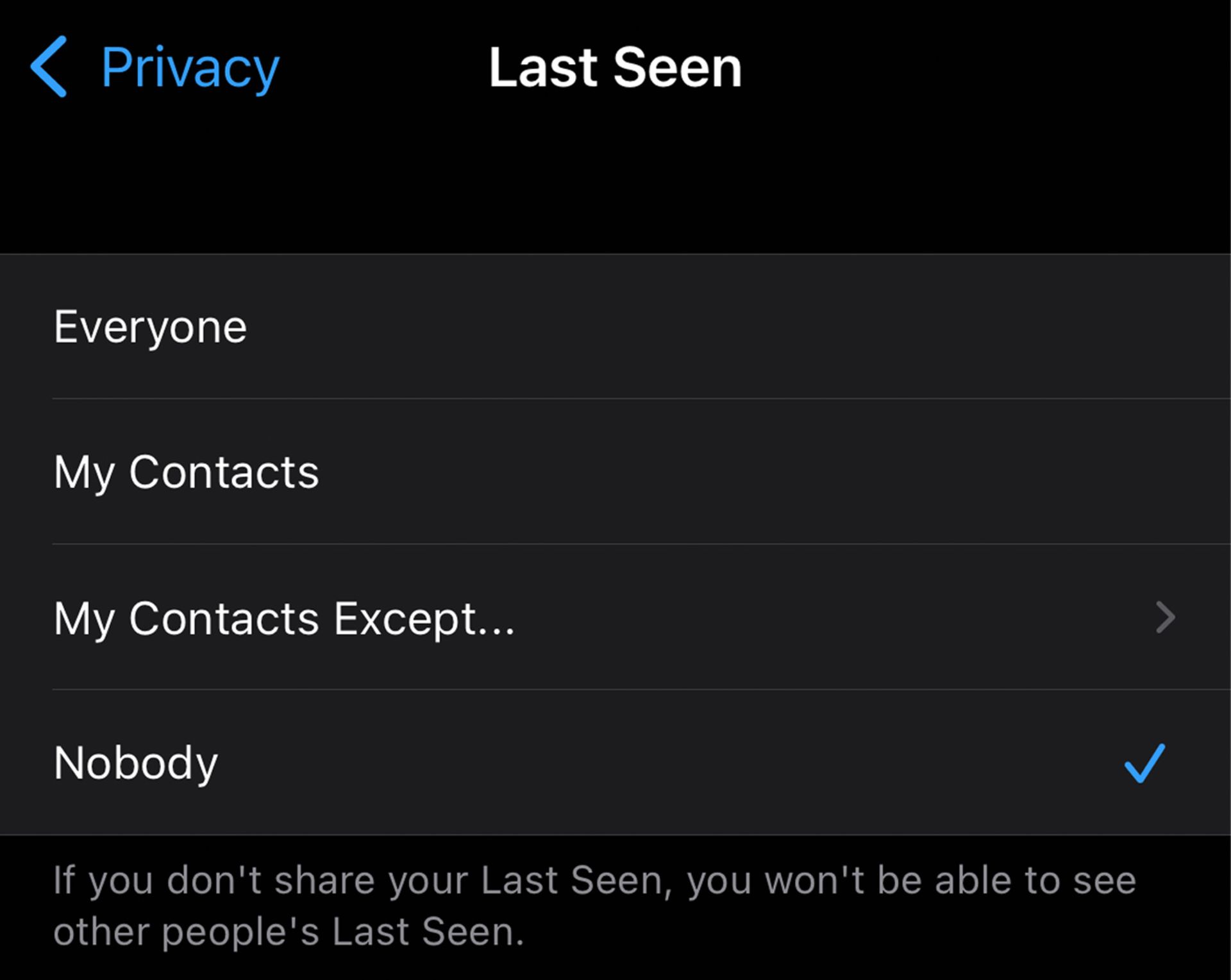 اسکرین شات واتساپ / WhatsApp تنظیمات حریم خصوصی آخرین بازدید در iOS