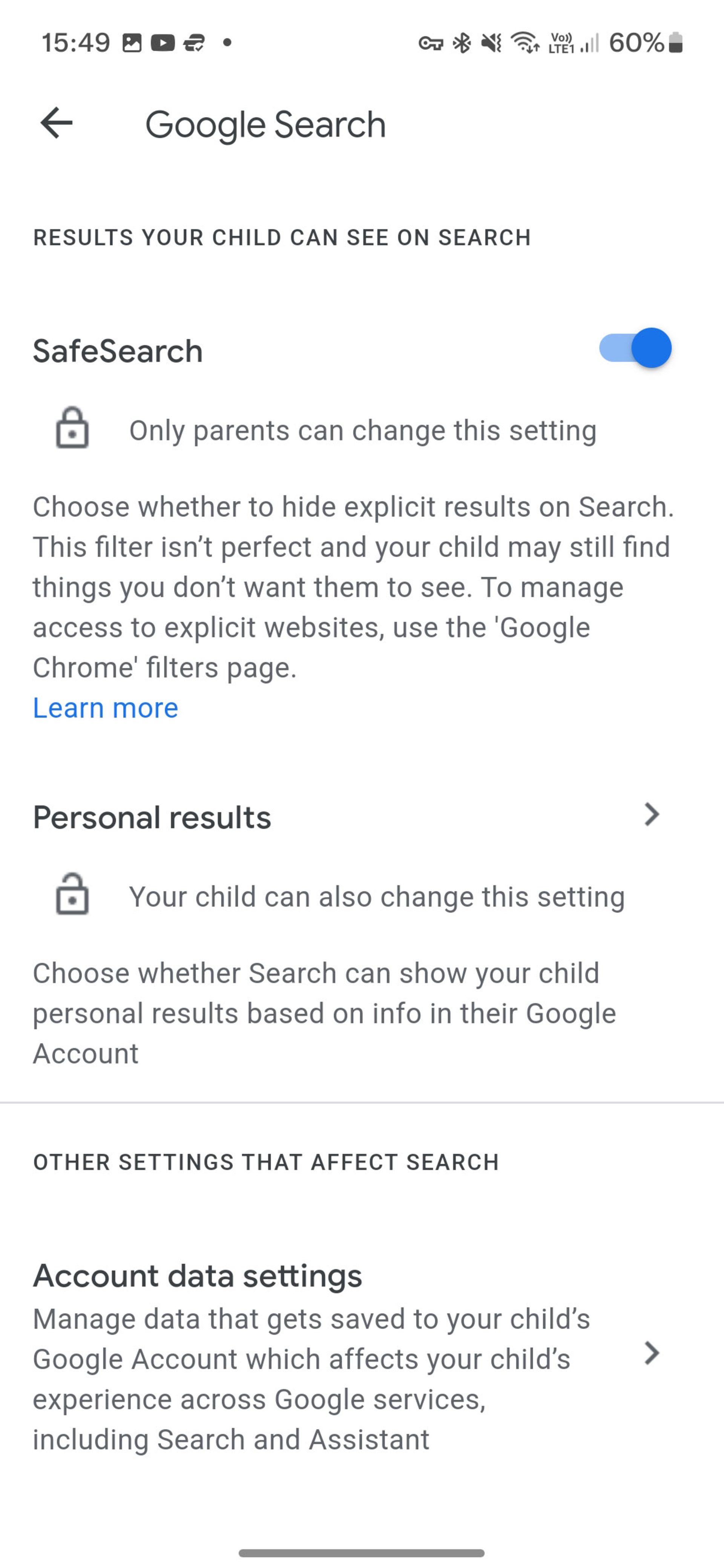 تنظیمات سیف سرچ در Google Family Link
