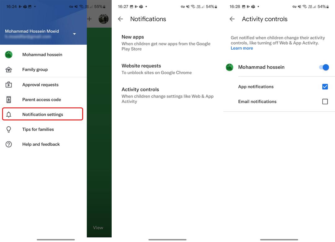 تغییر تنظیمات اعلان Google Family Link