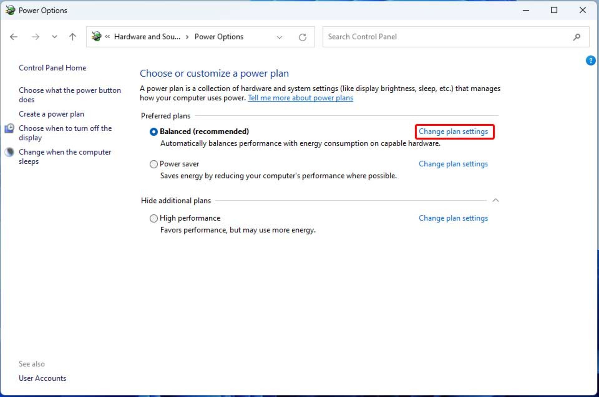 تغییر تنظیمات Power plan