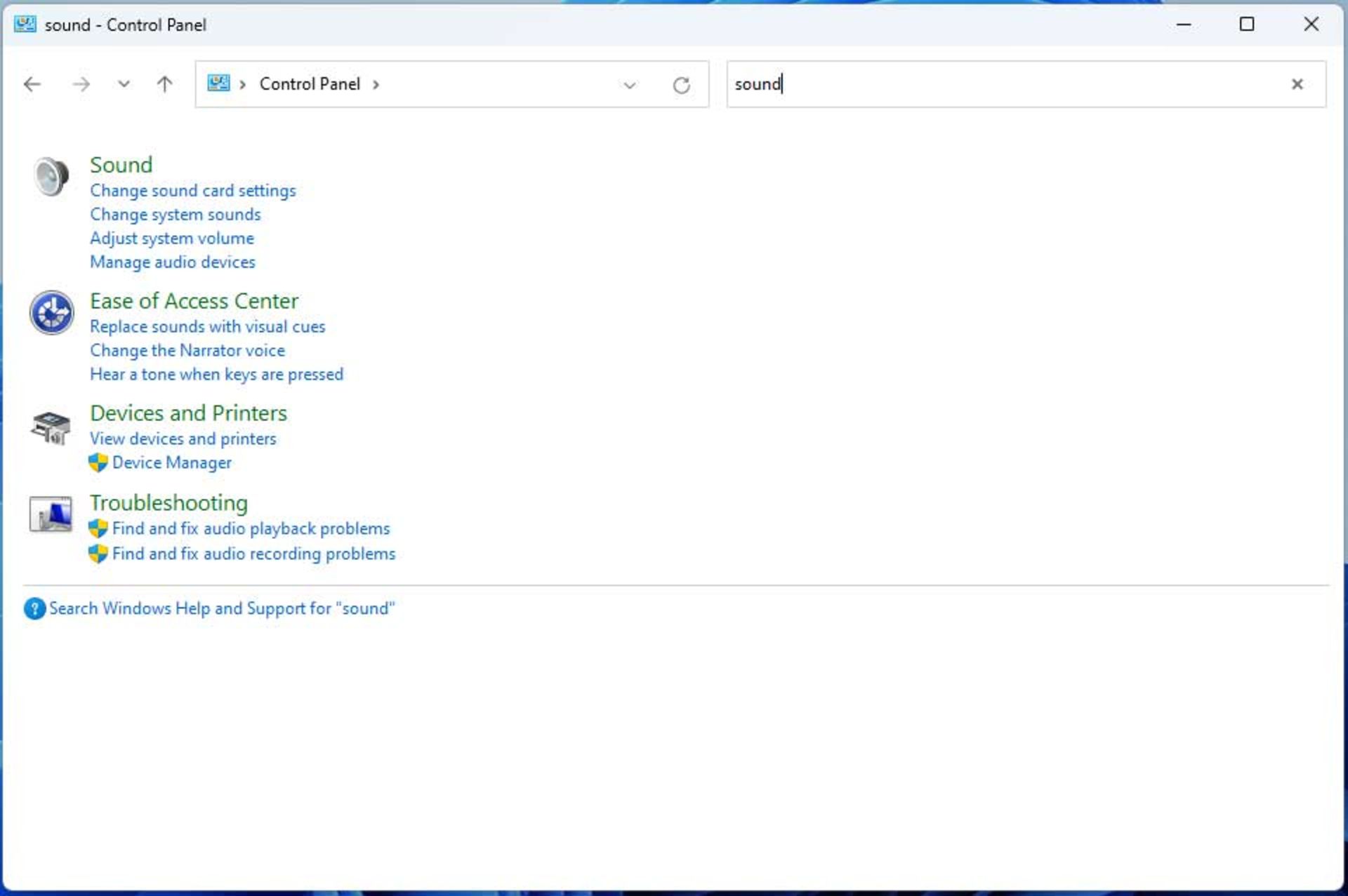 تنظیمات صدا در کنترل پنل