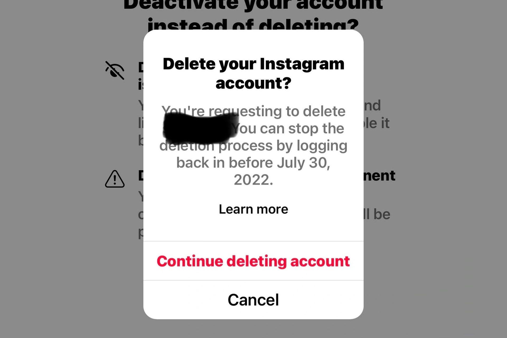 پنجره شناور حذف اکانت اینستاگرام در اپلیکیشن iOS آیفون