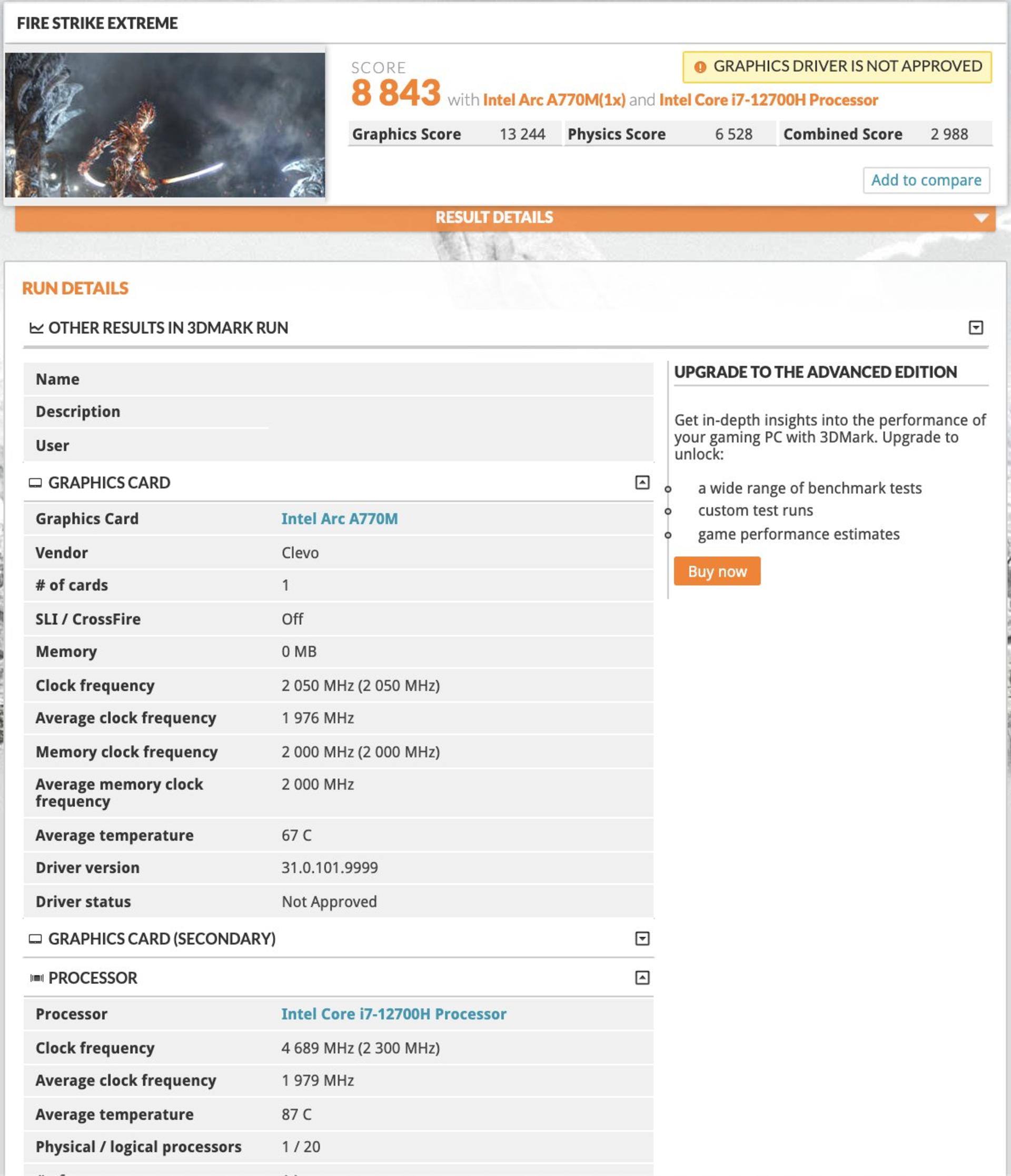 عملکرد گرافیک A770M اینتل در آزمون Fire Strike Extreme بنچمارک 3DMark