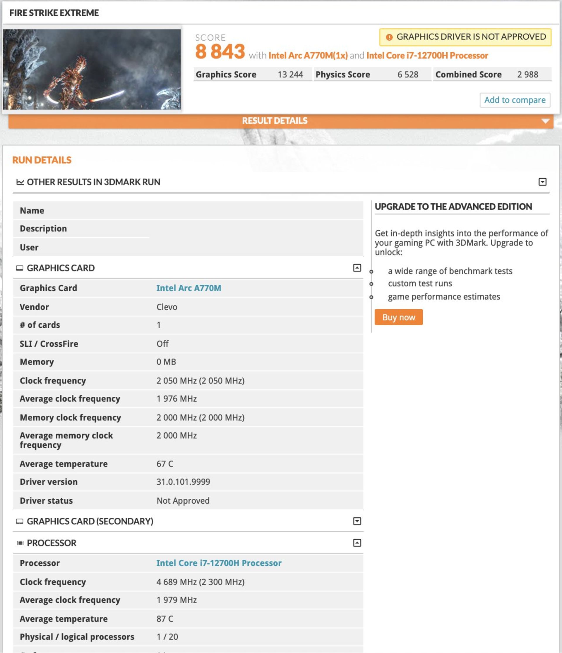 عملکرد گرافیک A770M اینتل در آزمون Fire Strike Extreme بنچمارک 3DMark
