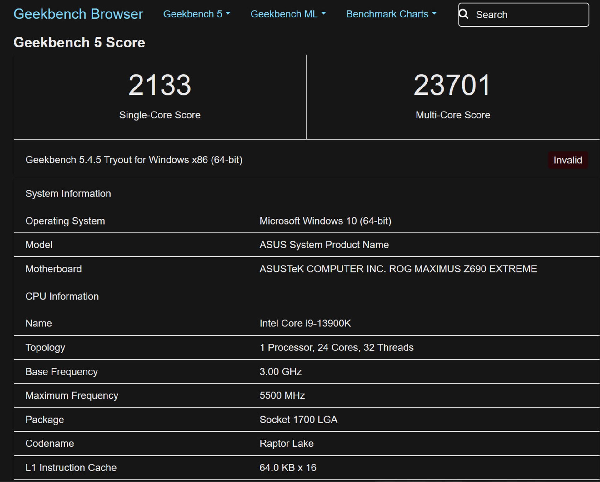 امتیاز گیک بنچ پردازنده Intel Core i9-13900K نسل سیزدهمی