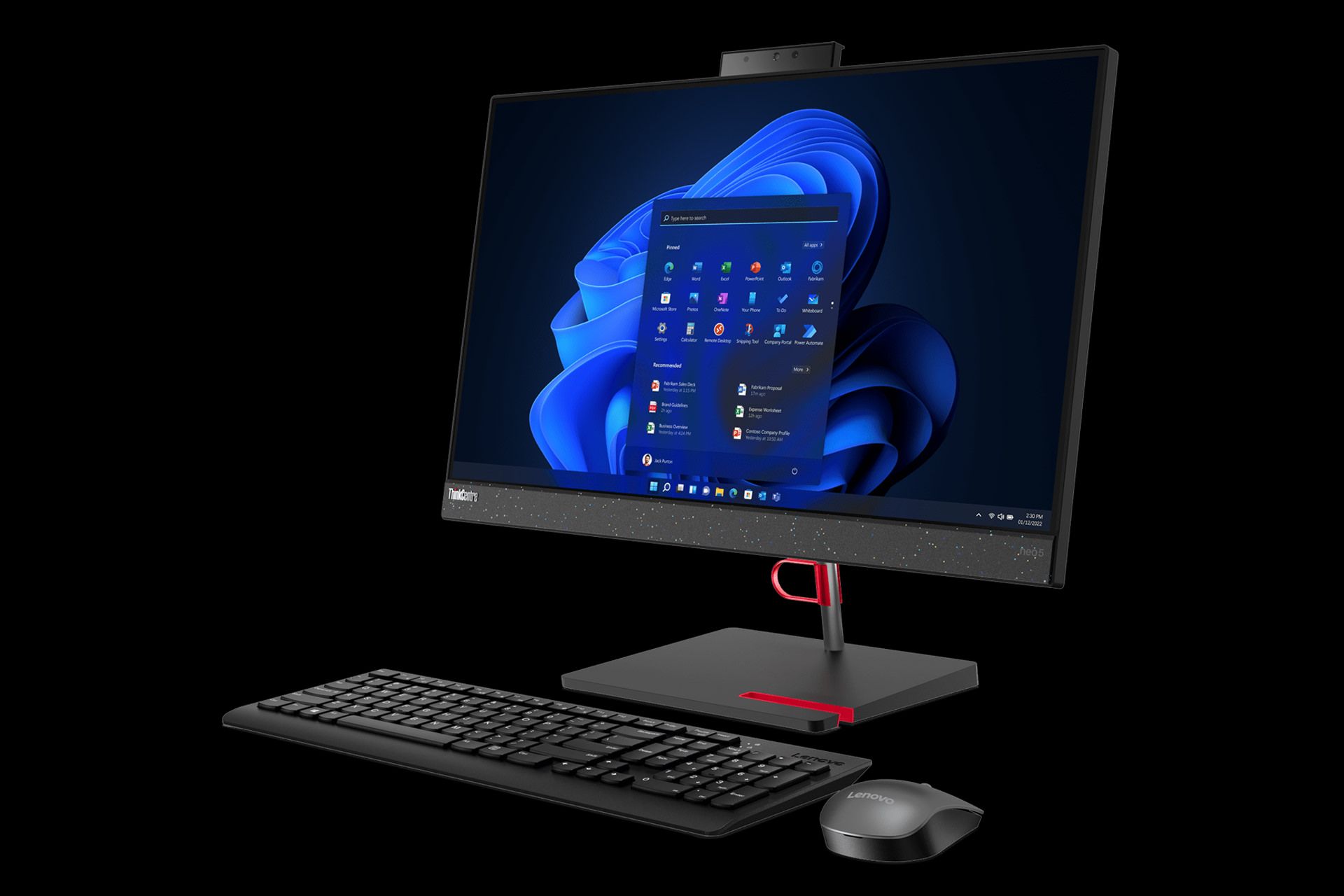 کامپیوتر بدون کیس لنوو ThinkCentre neo 50a 24 از نمای جلو با کیبورد و ماوس