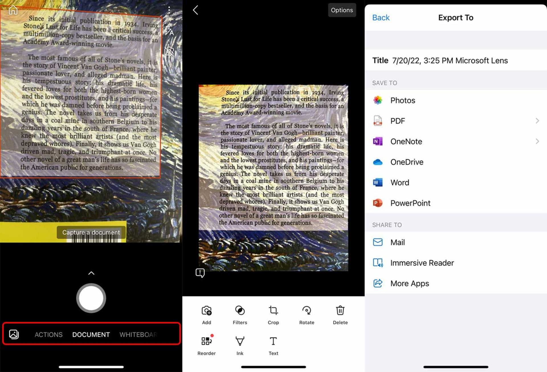 محیط برنامه اسکن اسناد و عکس Microsoft Lens