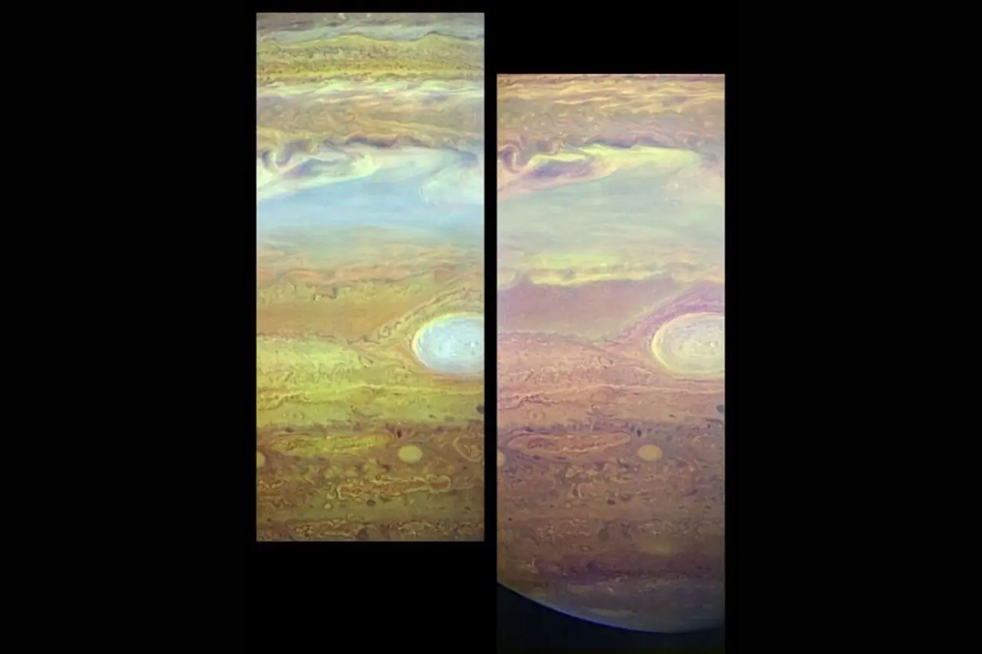 دو نما از جو متلاطم مشتری ثبت شده با فضاپیما نیو هورایزنز ناسا