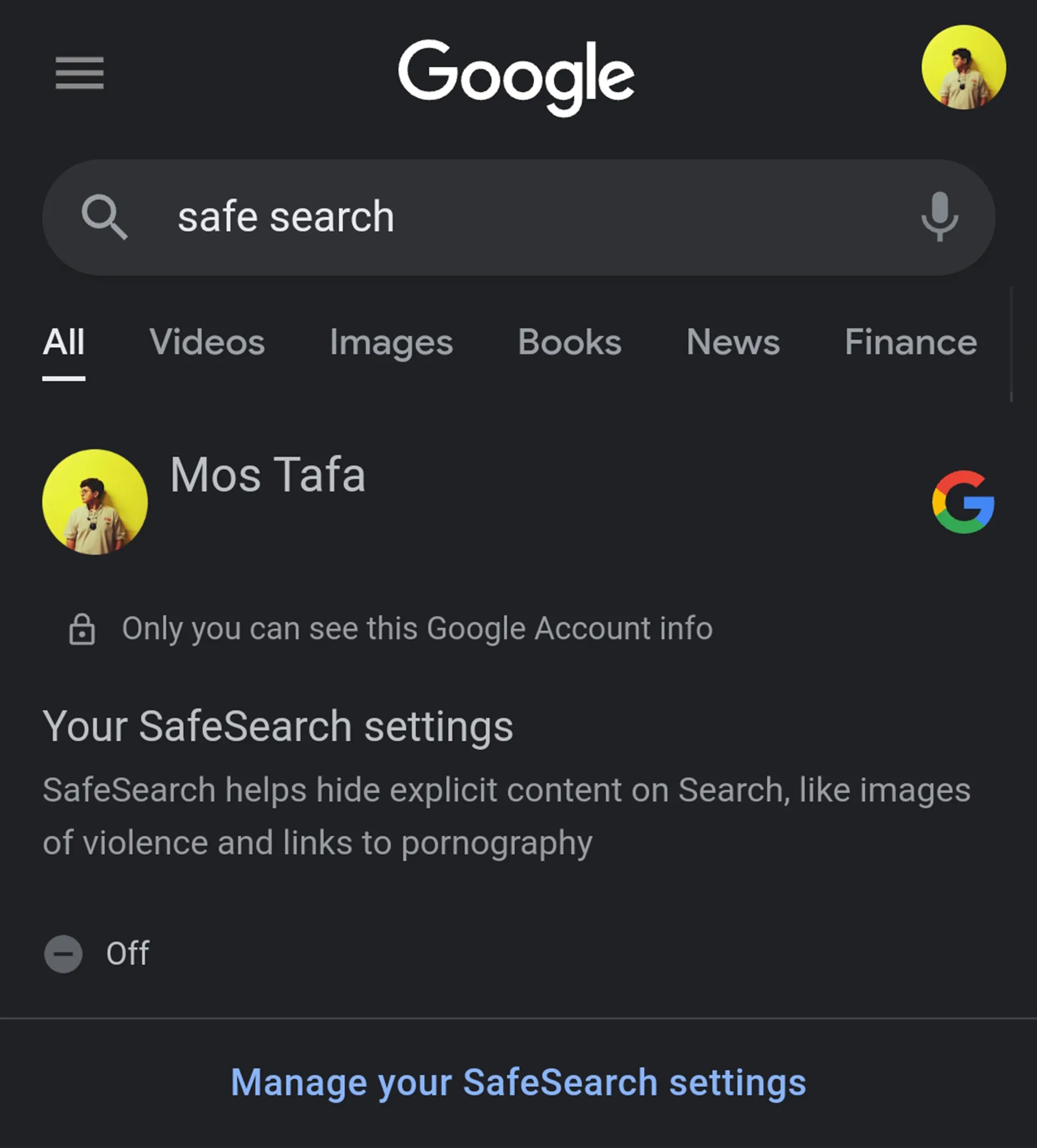 اسکرین شات صفحه نمایش فعال یا غیرفعال بودن safe search