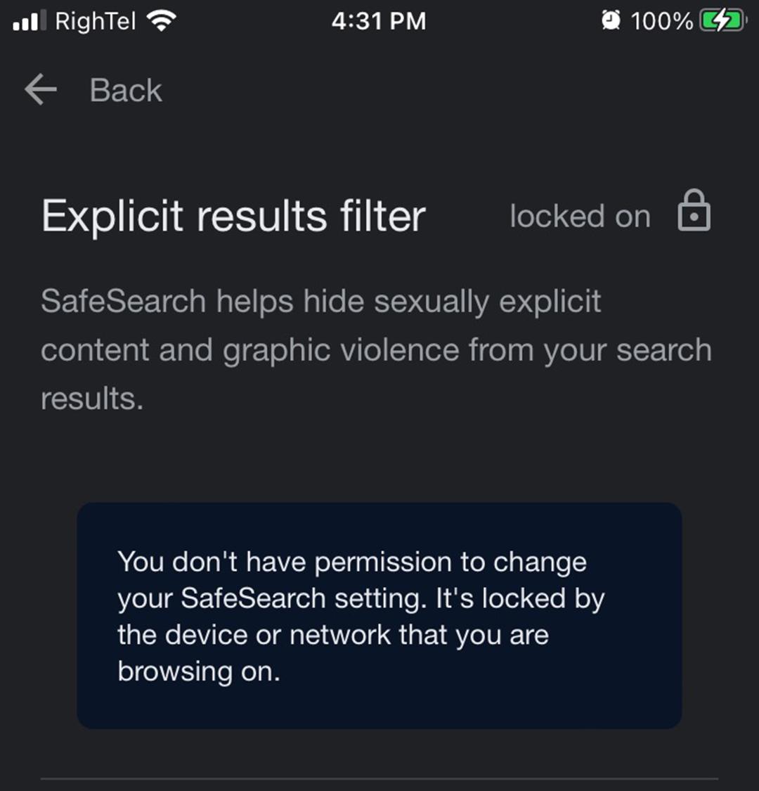 اسکرین شات صفحه اعلان safe search گوشی هوشمند