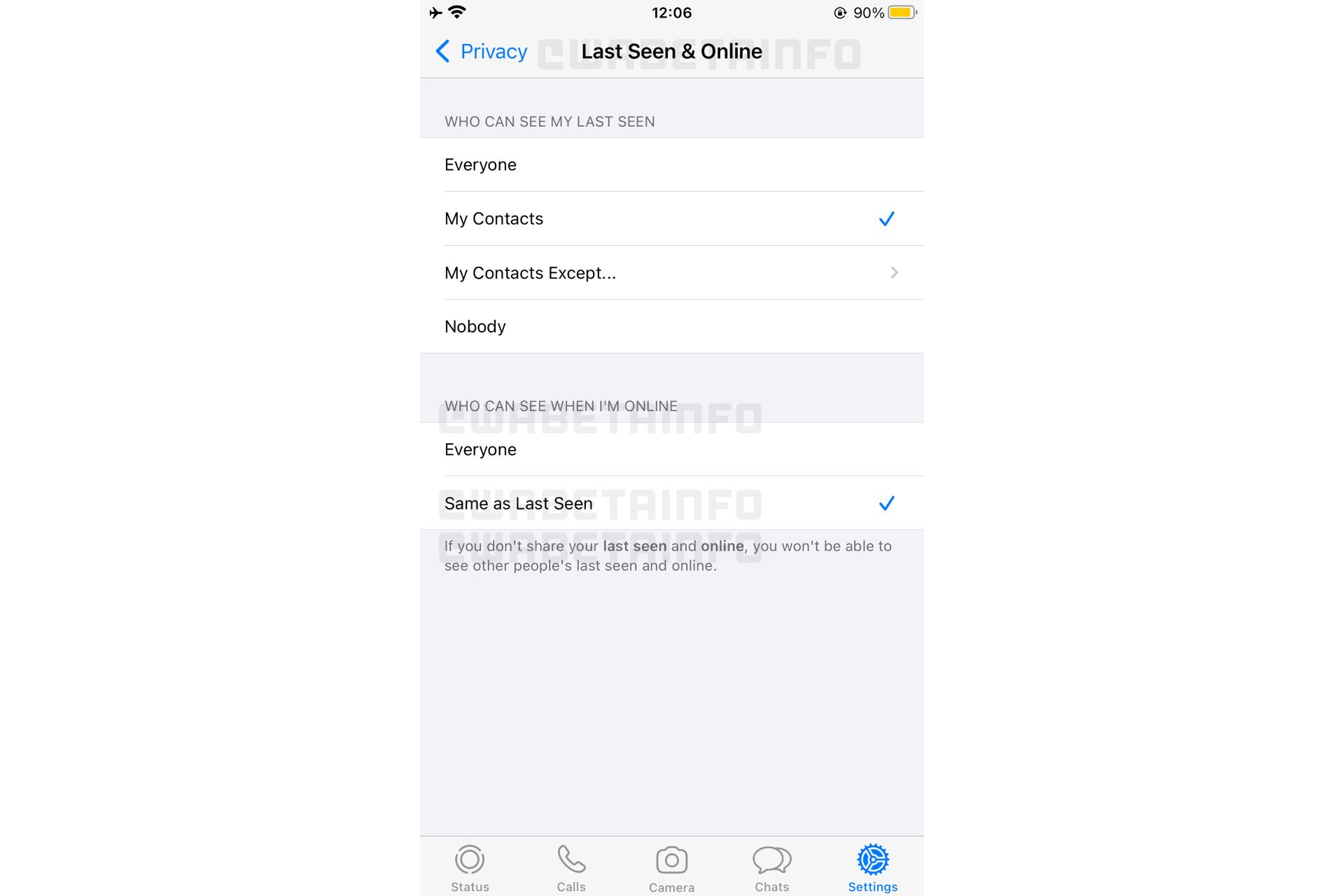 اسکرین شات قابلیت مخفی سازی وضعیت آنلاین در واتساپ / WhatsApp