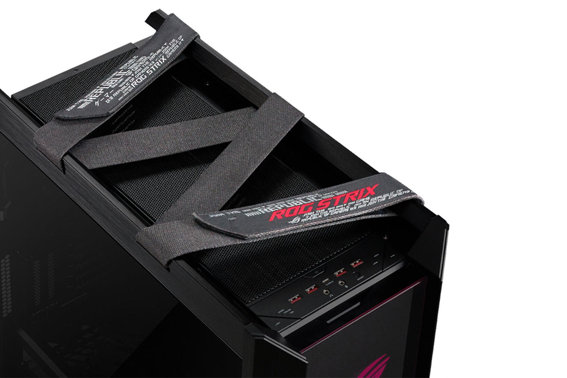 نمای نگهدارنده و پورت های بالای کیس کامپیوتر ایسوس ROG Strix Helios