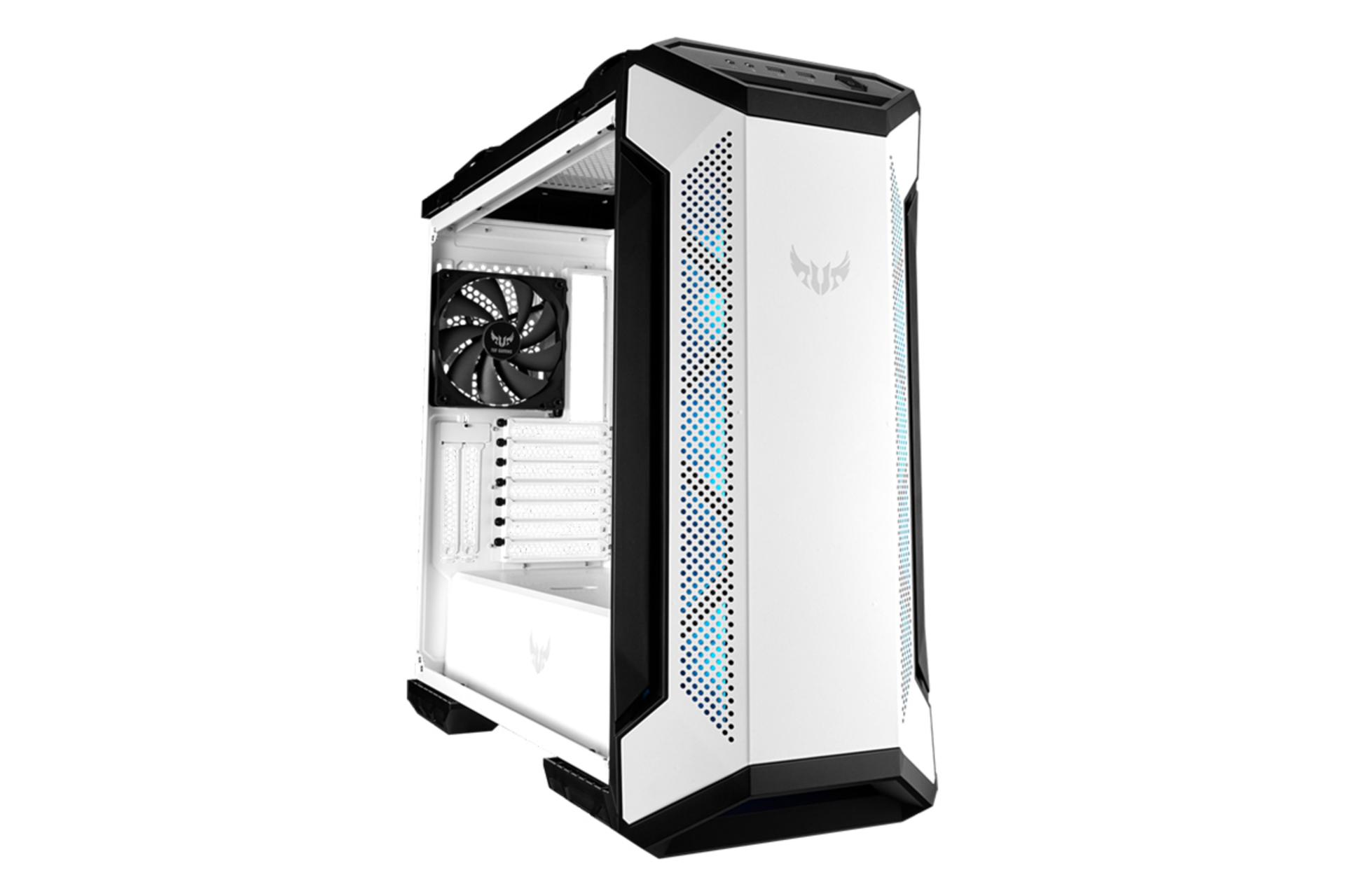 نمای نیم رخ جلو و داخل سمت چپ جلوی کیس کامپیوتر ایسوس TUF Gaming GT501 White Edition