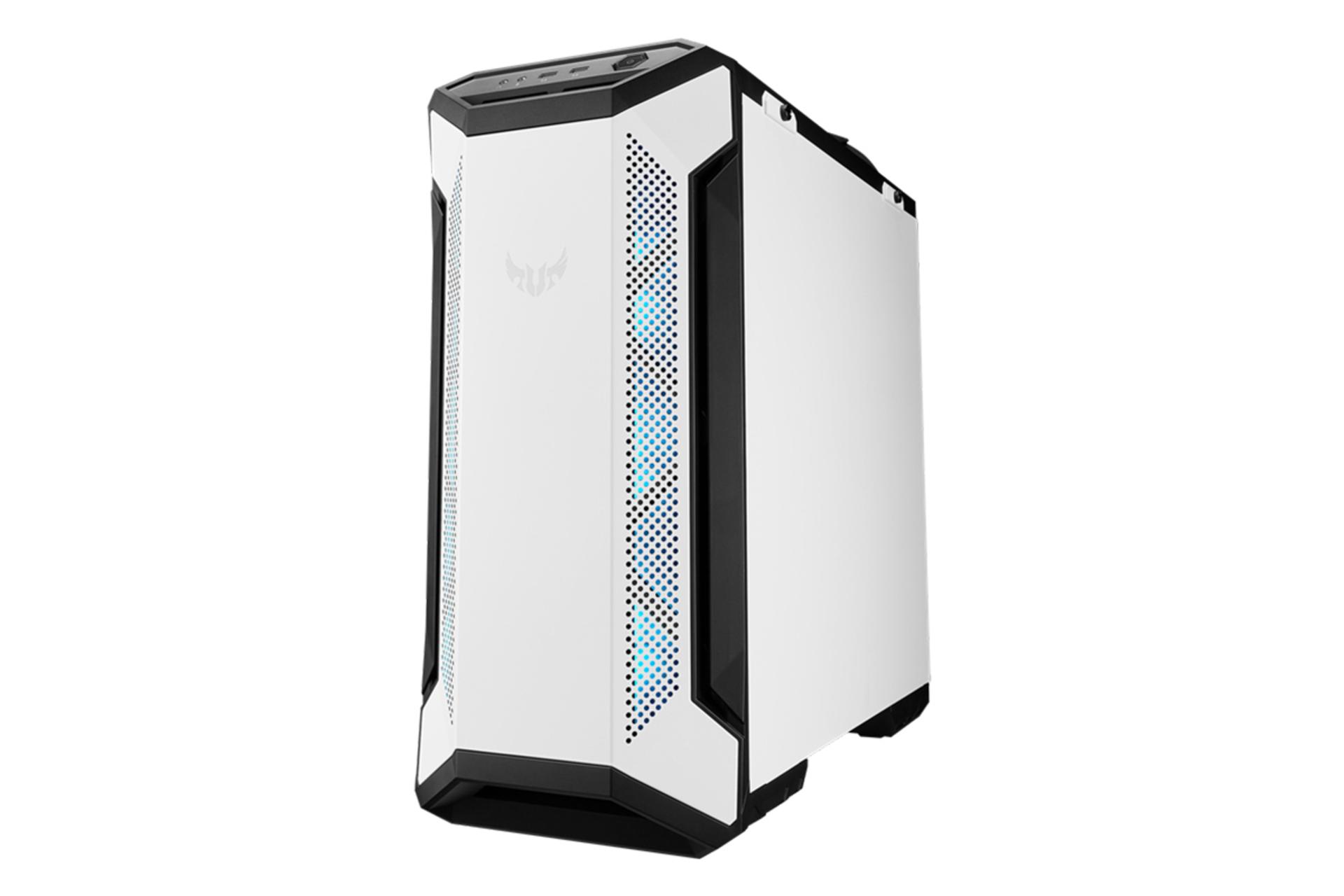 نمای نیم رخ جلو و سمت راست کیس کامپیوتر ایسوس TUF Gaming GT501 White Edition