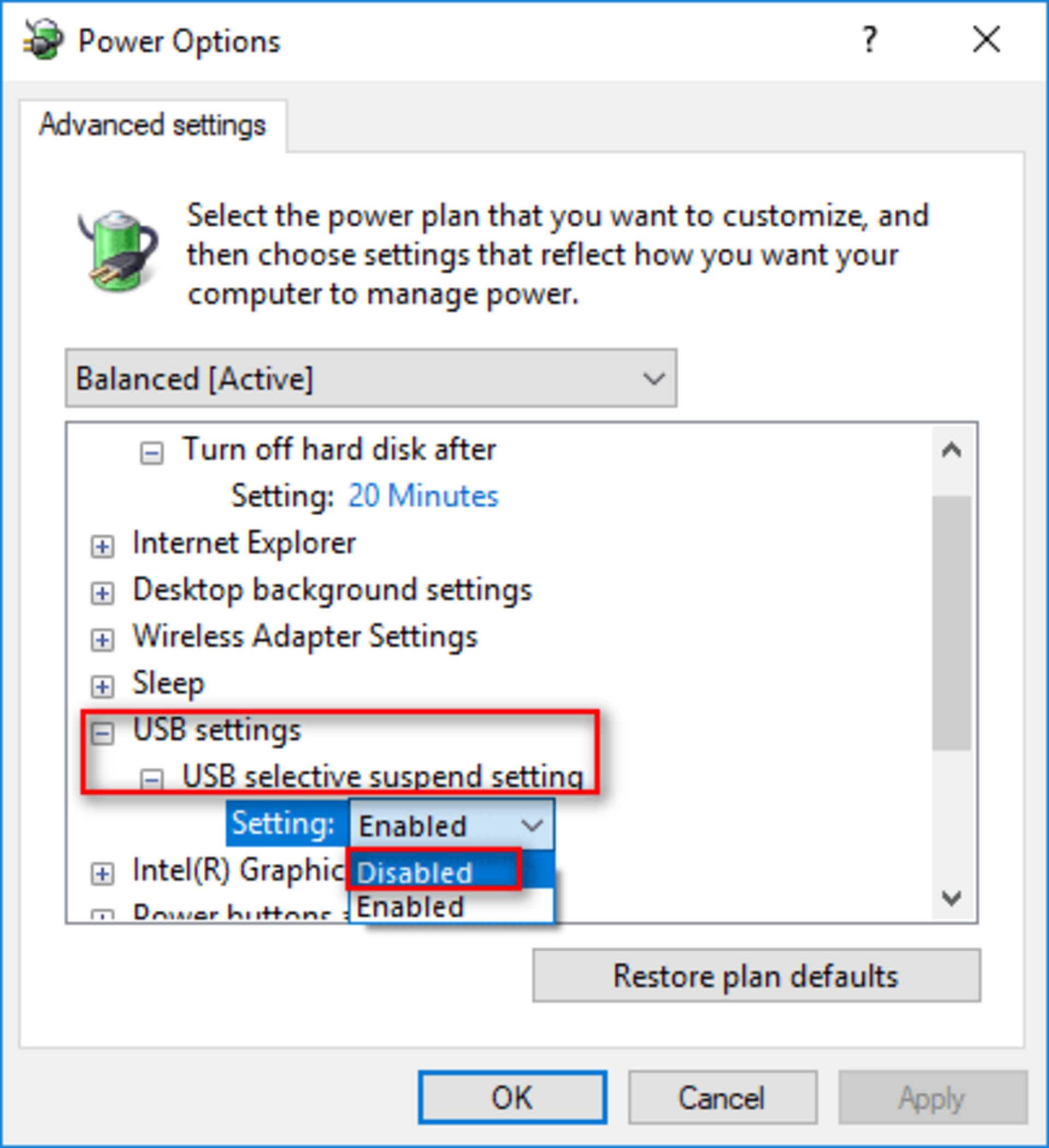 غیرفعال کردن تنظیمات USB selective suspend