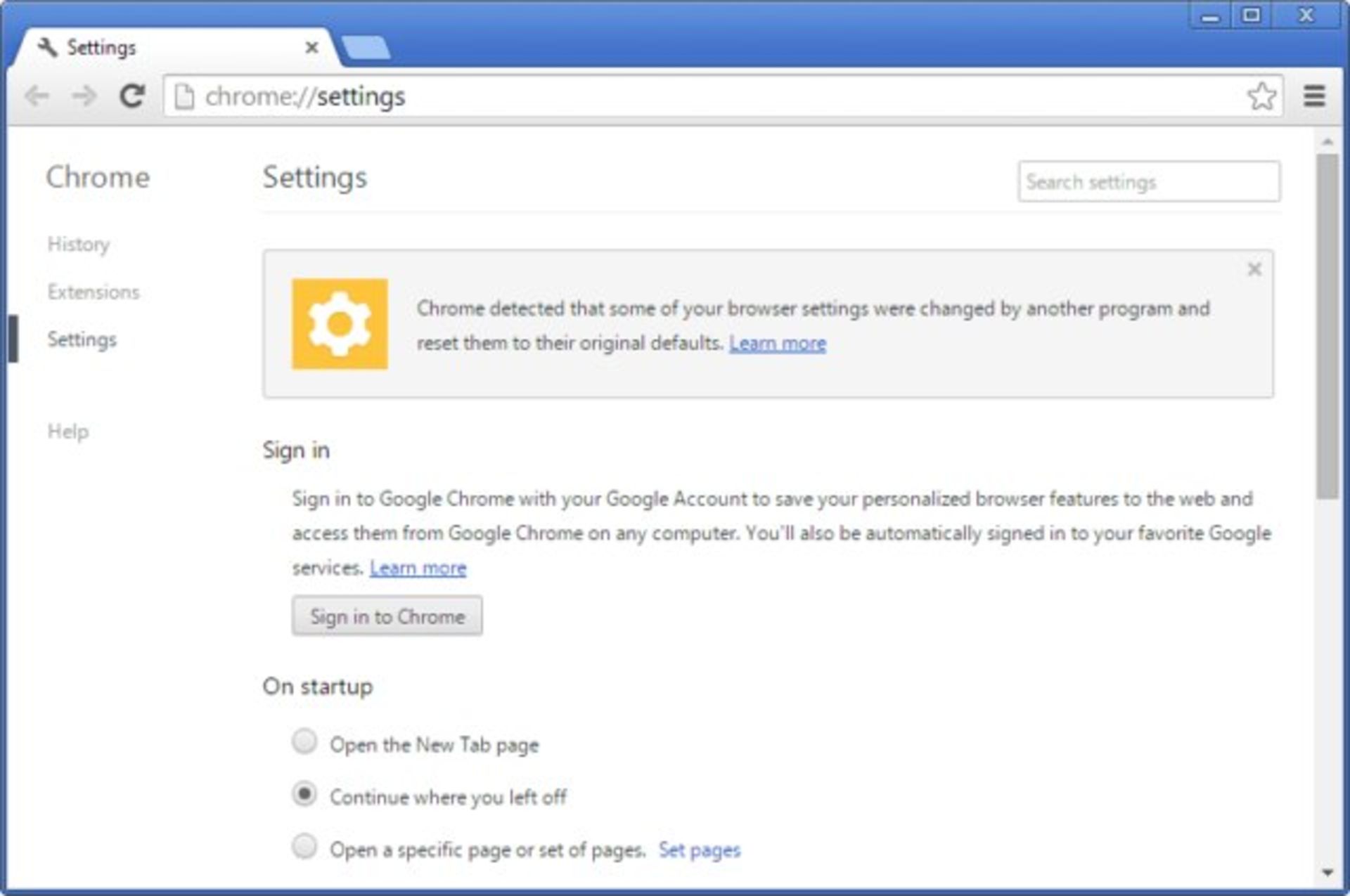 بازیابی تنظیمات کروم
