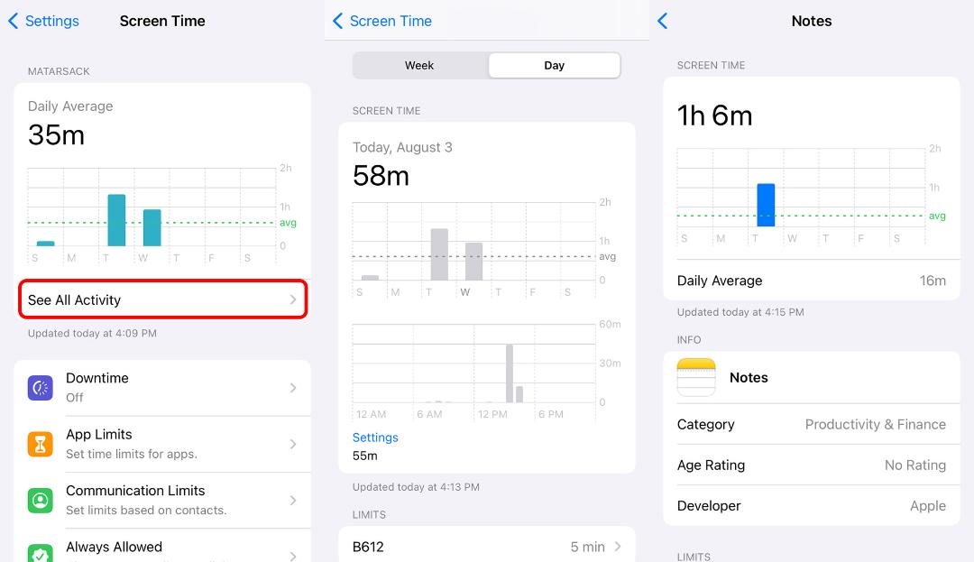 گزارش استفاده از گوشی در Screen Time آیفون
